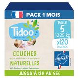 TIDOO - Luiers maat 5 (12-25 kg) – natuurlijke oorsprong, vrij van schadelijke stoffen – 12 uur droog, zeer absorberend – gemaakt in Frankrijk – 120 wegwerpluiers – verpakking 1 maand