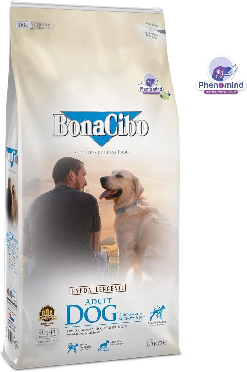 BonaCibo Dog Kip & Rijst met Ansjovis - Hypoallergeen Hondenvoer - 15 kg