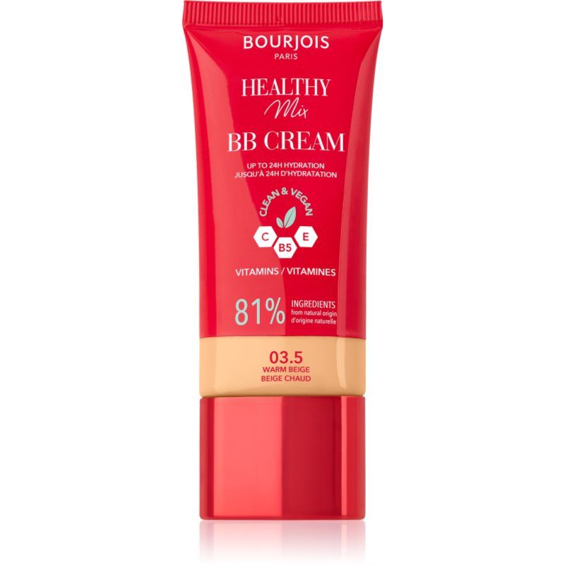 Bourjois Healthy Mix, 03.5 Warm beige, BB-crème, crème-foundation, dekking en hydratatie de hele dag, vitamine C, E en B5, schone en veganistische formule, 30 ml
