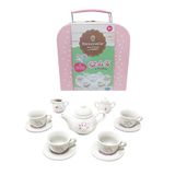 ODS - 44022 Porseleinen Theeset, 13-delig, 4 Schoteltjes, 4 Kopjes, Suikerpot, Melkreservoir en Theepot met Deksel, Leuke Reismand