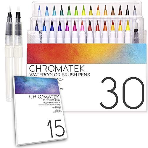 Chromatek Aquarel Penselen Set - 30 Kleuren met Blending Water Brush Pennen