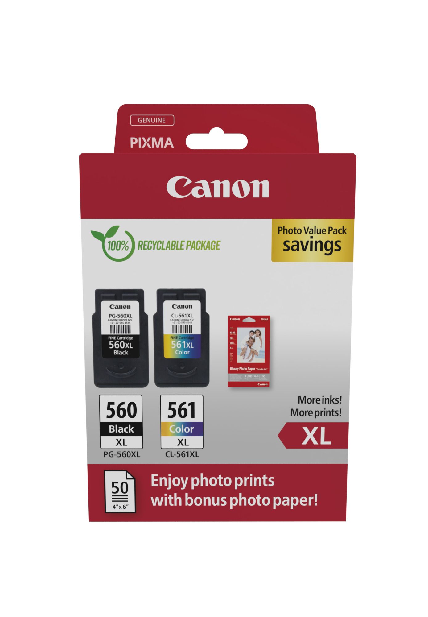 Canon PG-560XL/CL-561XL Ink Cartridge Multipack - Black, Cyan, Magenta, Yellow - High Yield - 2 Pack