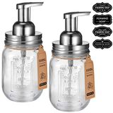 Mason Jar Schuimzeepdispenser, roestvrij stalen deksel/BPA-vrije schuimpomp, waterdichte krijtbordetiketten, boerderijdecoratie, badkameraccessoires, geborsteld nikkel, 2 stuks