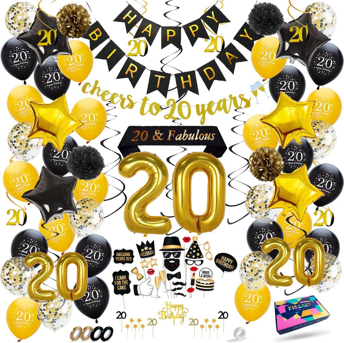 Fissaly Fissaly® 20 Jaar Verjaardag Decoratie - Zwart en Goud