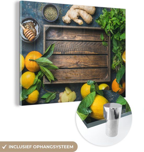 MuchoWow® Glass Painting 160x120 cm - Acrylic Glass Painting - Fruit Crate - Lemon - Fruit - Photo on Glass - Paintings