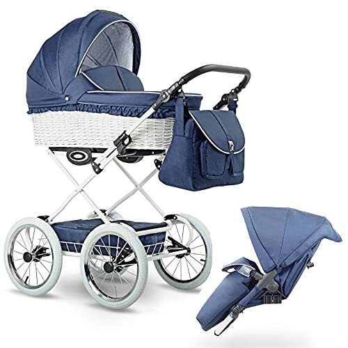 Lux4Kids R022 Retro kinderwagen rieten mand natuurlijk gevlochten handgemaakte luchtbanden 8 kleuren retro van brede jeans R022 3-in-1 met babyschaal