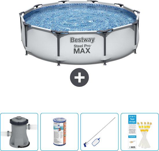 Bestway Steel Pro MAX Round Pool - 305 x 76 cm - Grey - Includes Pump Filter - Cleaning Kit - Test Strips