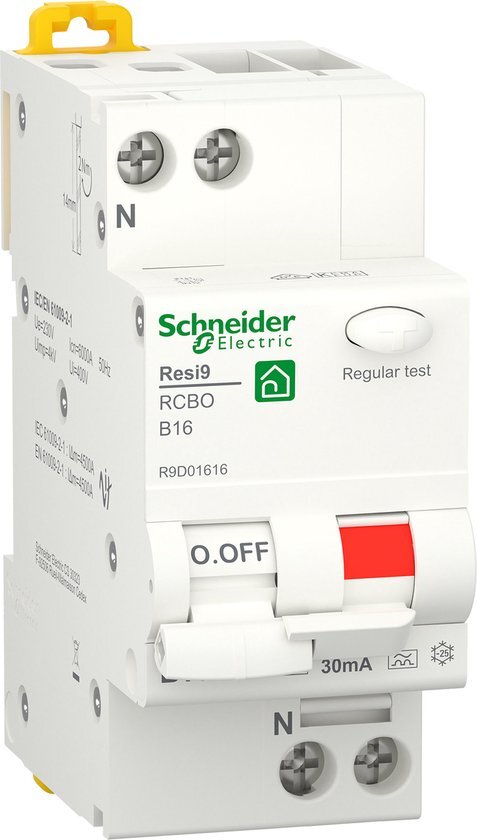 SCHNEIDER ELECTRIC -Electric 1334260 SCHN Resi9 1P+N 16A B-Char. 30mA type A 6kA FI/LS-schakelaar, grijs