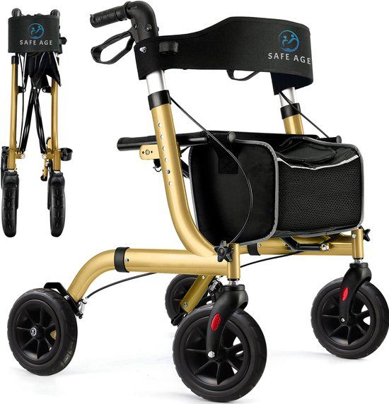 Safe Age® Rollator lichtgewicht en opvouwbaar - Rubberen wielen - zitfunctie - voor binnen en buiten - Rugleuning en wandelstok houder - Goud