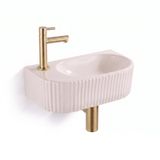 QeramiQ Fuente Fontein - 40x22x12cm - ribbel - halfrond - fonteinkraangat links - keramiek - fonteinkraan geborsteld messing - verlaagd sifon - afvoerplug - linnen