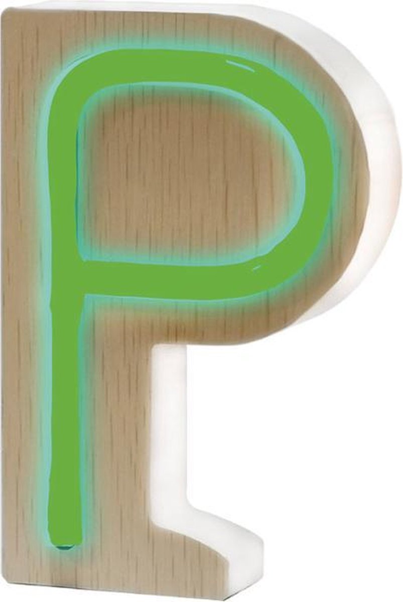 Piu Forty Wooden LED light letter “P” with light Neon – Green color – AAA battery - 10,3×15,3 cm