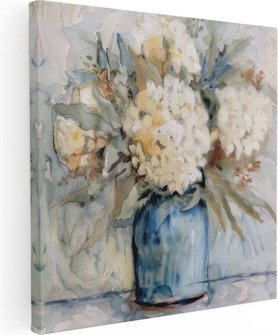 Artaza Canvas Schilderij Witte Bloemen in Blauwe Vaas 90x90 cm