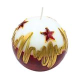 Elegante bolkaars, tafelkaars, decoratieve waskaars met kerstmotief, kerstkaars als bol van 10 cm, in wit, rood en goud.