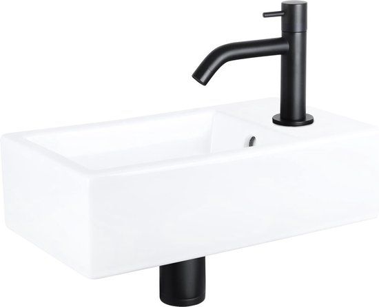 Differnz Force Fonteinset - 40x22cm - Wit - Mat Zwart - Gebogen Kraan