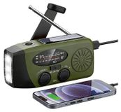 Zelurxx Zonne-energie radio, draagbare radio met handaandrijving en LED-zaklamp, noodradio AM/FM met weersvoorspelling, 2000mAh batterij, handaangedreven dynamo, powerbank voor smartphones, olijfgroen