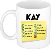 Bellatio Decorations Naam mok Kay - wit - top gozer - keramiek - 300 ml - cadeau collega beker