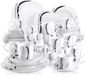 Porcellana Assiettes de dîner dorées – 50 pièces – 6 personnes – Céramique blanche – Service de vaisselle – Assiettes de petit-déjeuner