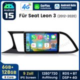 Junsun 9-inch Android 15 autoradio met Carplay, geschikt voor Seat Leon 5F1 5F5 (2012-2020), inclusief GPS-navigatie, Wi-Fi, 4G, Bluetooth, DAB+, stuurwielbediening, USB, DSP en RDS. 6GB RAM en 128GB opslag, 8-kern processor