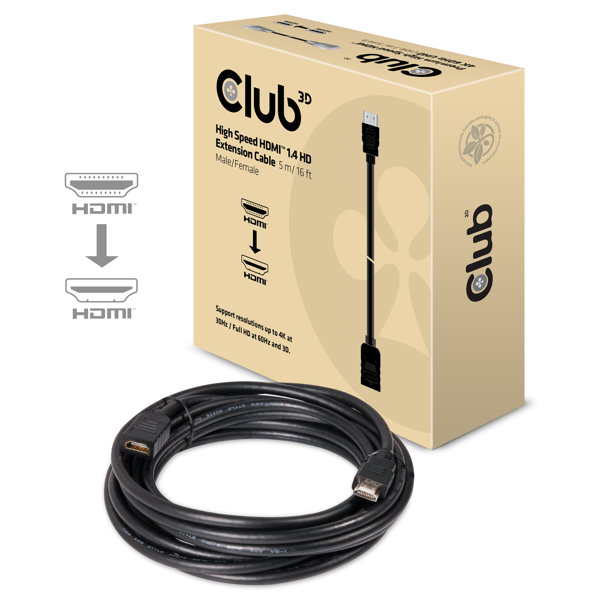 Club 3D High Speed HDMI™ 1.4 HD Extension Kabel 5meter M/F