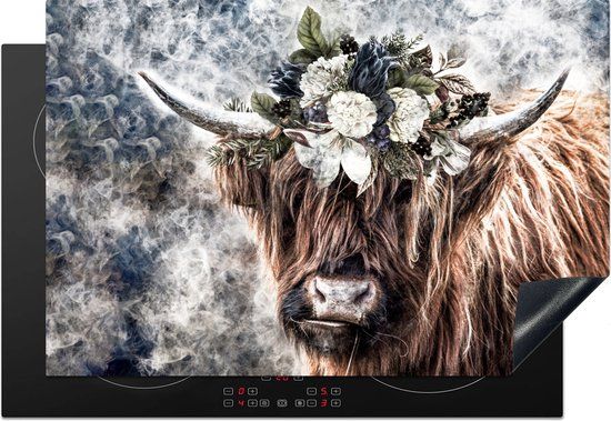 KitchenYeah® Inductie beschermer 78x52 cm - Schotse Hooglander - Bloemen - Zwart