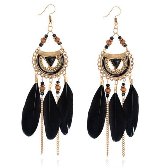 Deja Jewels Lookinggoodtoday Bohemian oorhangers rond met zwarte veren en kralen 105 mm