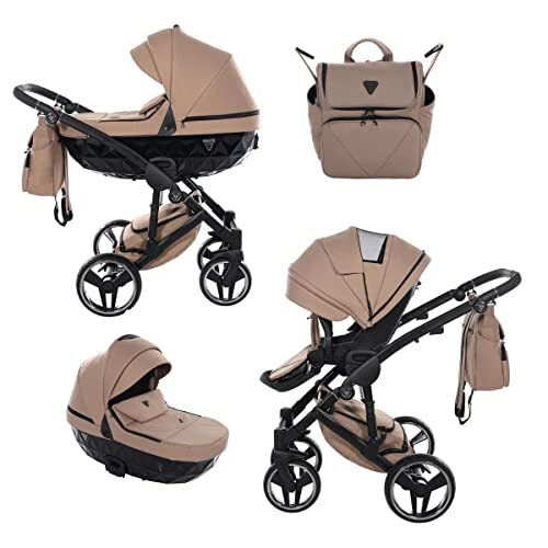 Lux4Kids Junama kinderwagen combi-kinderwagen, premium buggy babyzitje + accessoires, Isofix selecteerbaar, Diamond by Ferriley & Fitz Capuccino Black 04 2-in-1 zonder babyzitje