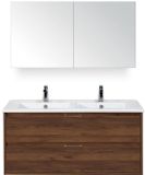 BES LED Porto Badmeubelset 120 cm - 2 Laden Walnoot - Keramische Wastafel Wit Slim met Spiegelkast