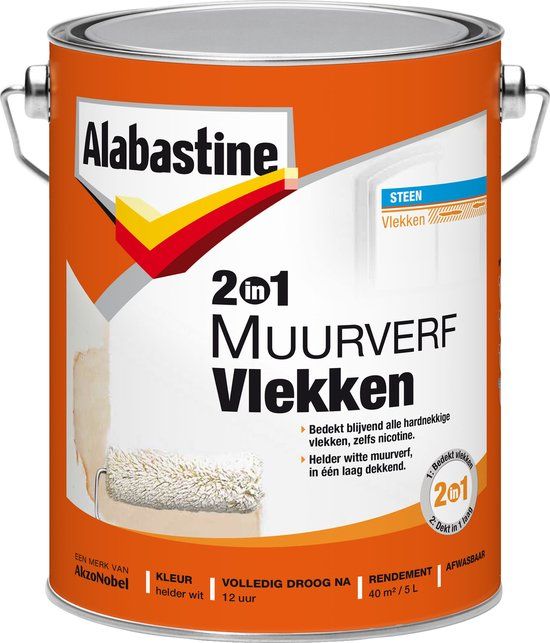 Alabastine 2 in 1 Muurverf Vlekken - Wit - 5 liter - Mat - 20 jaar garantie