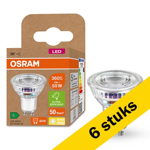 6x Osram GU10 LED Spot - Ultra Efficient - 3000K - 2W (50W)