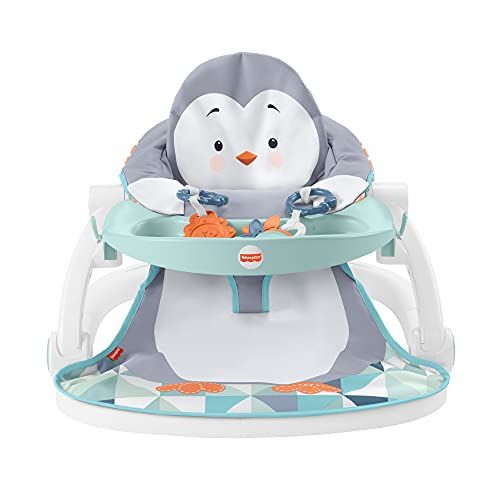 Fisher-Price HBF27 - bodemzitting met dienblad - pinguïneeiland, draagbare kinderzitje met dienblad en speelgoed met diermotieven
