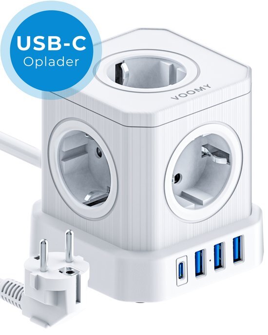 Voomy Cube 2.0 Stekkerdoos met Schakelaar - 1 USB-C 20W Snellader Iphone - 3 USB Poorten - 4000W - 5 Stopcontacten - Wit