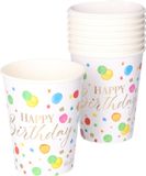 Givi Italia Feestbekers met hoesjes - 8x - happy-birthday - gespikkeld - papier - 250ml - wegwerpbekers - verjaardag