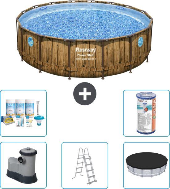 Bestway Rond Power Steel Swim Vista Zwembad - Houtprint - 488 x 122 cm - Compleet Pakket