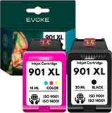 Evoke Set van 2 inktcartridges voor HP 901 XL printer, Zwart en Kleur, XL cartridge