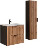 Vente-unique Geribbeld badkamermeubel met inbouwwastafel en kolomkast - Licht naturel en zwart - 60 cm - MADELA
