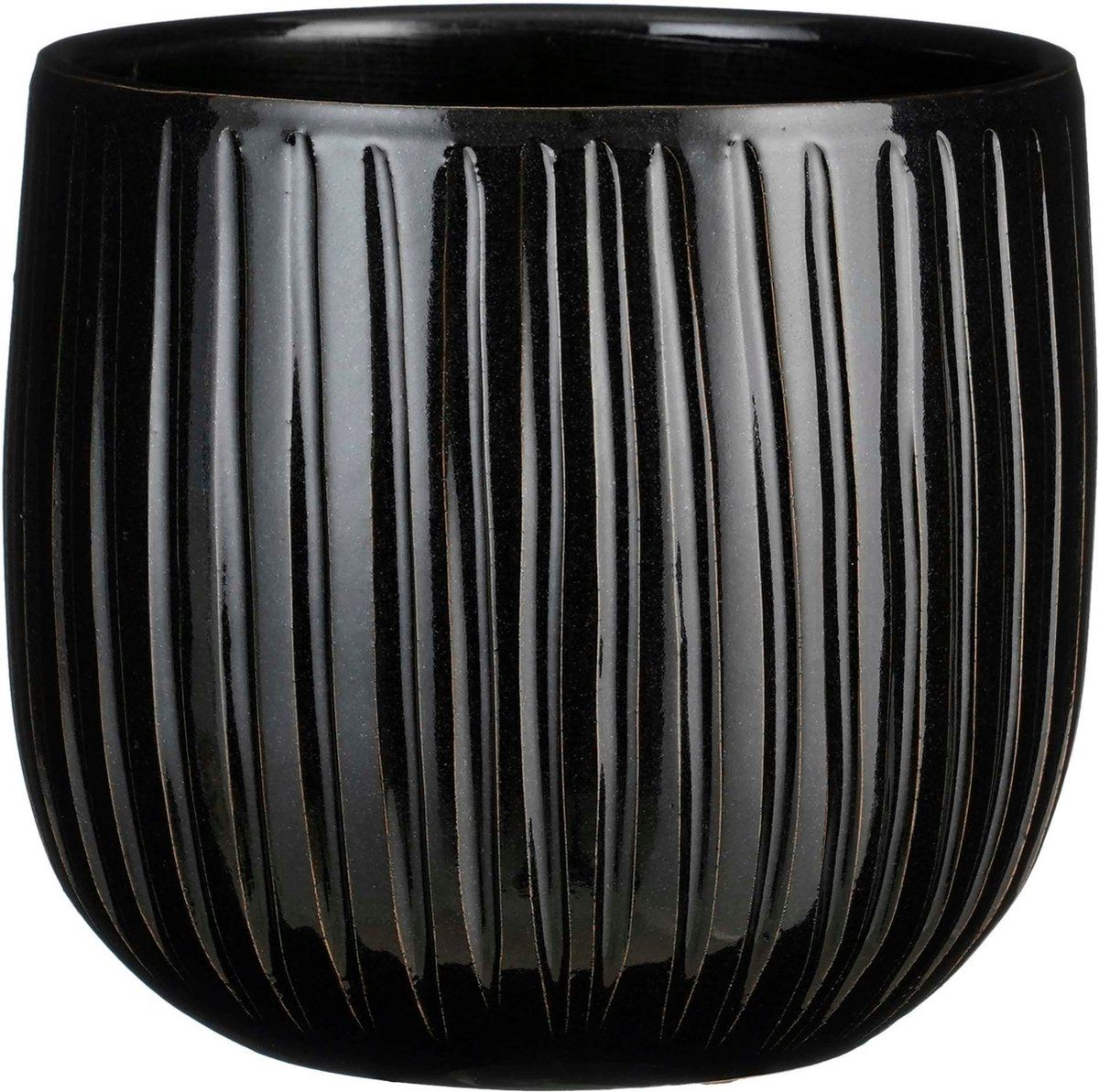 Mica Decorations - Plantenpot/bloempot - keramiek - zwart glans/ribbels- D21/H19 cm