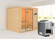 Woodfeeling Sauna Jutta (entrée à l'avant), porte entièrement vitrée, couleur bronze, poêle intégré de 9 kW avec commande