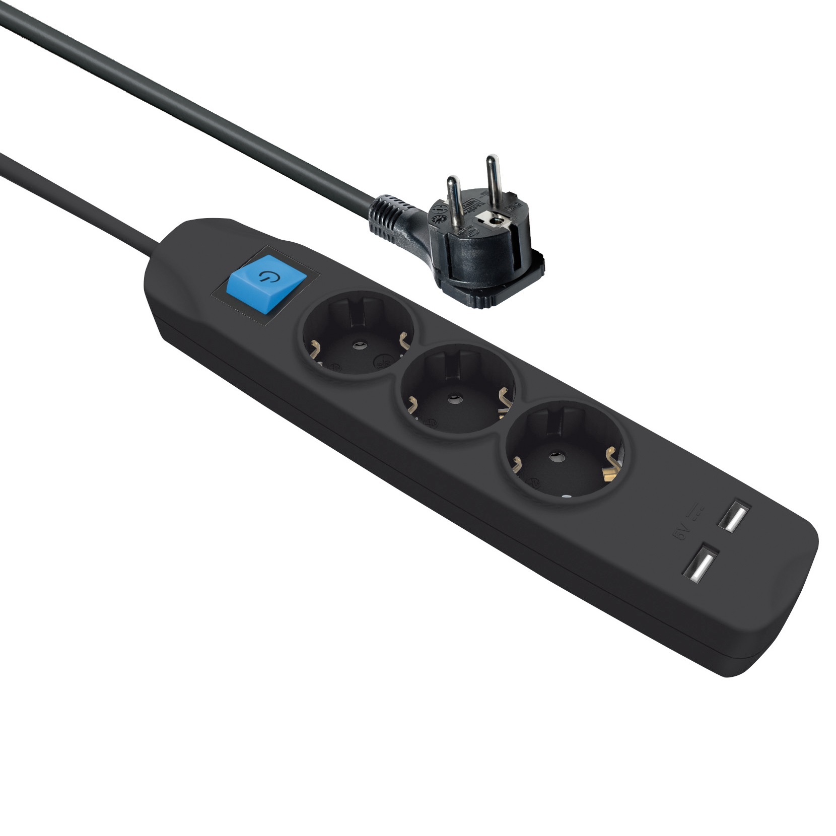 MaxTrack 3-voudige stekkerdoos met schakelaar en 2x USB - zwart - 5 meter