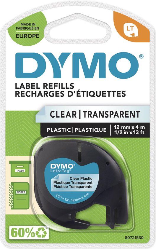 DYMO LetraTag Plastic Labels - Black on Transparent - 12mm x 4m - S0721530
