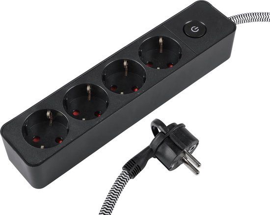 Q-Link Stekkerdoos 4 Voudig Randaarde Plat Textiel 3x1.5 Zwart/wit 1.5 Meter
