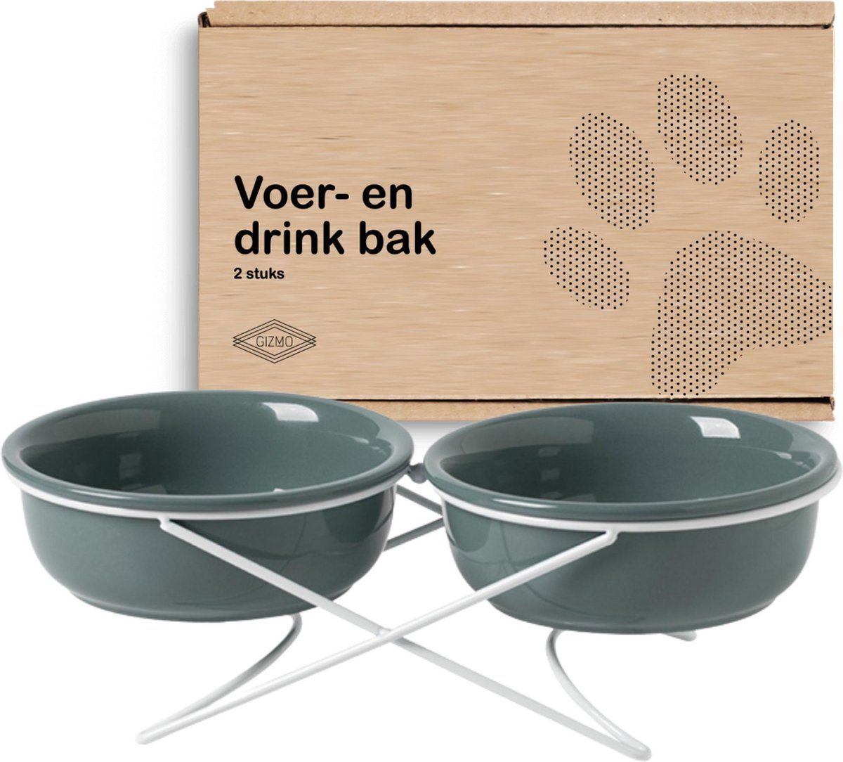Gizmo Voerbak Hond Dubbel - Donkergroen - 2 Keramische Drink- & Voerbakken met Standaard - 800ML