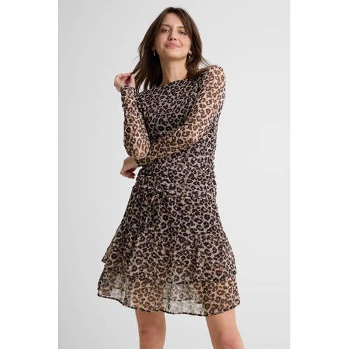 Anytime mini mesh rok met ruches panterprint