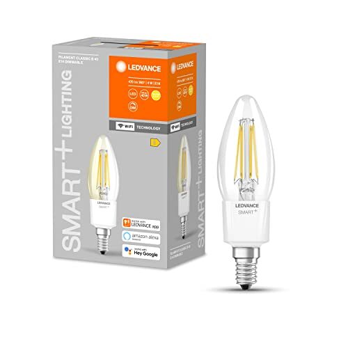 Ledvance Slimme LED-lamp met Wifi, E14-basis, Dimbaar, Warm wit (2700K), Kaarsvorm, Heldere gloeidraad, Vervanging voor conventionele 40W gloeilampen, Bedienbaar met Alexa, Google & App, 4-pak