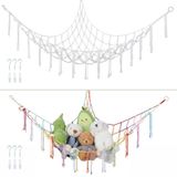 OTraki 2 stuks pluche opbergnet, 100 x 135 cm, hangmat voor speelgoed in boho-stijl, macramé-stijl, pluche tas om op te hangen, voor kinderkamer (gebroken wit en regenboog)