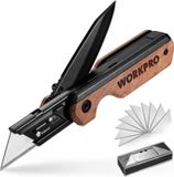WORKPRO Couteau de poche pliable en aluminium avec manche en bois et clip de ceinture, Liner Lock, changement rapide, 10 lames supplémentaires incluses