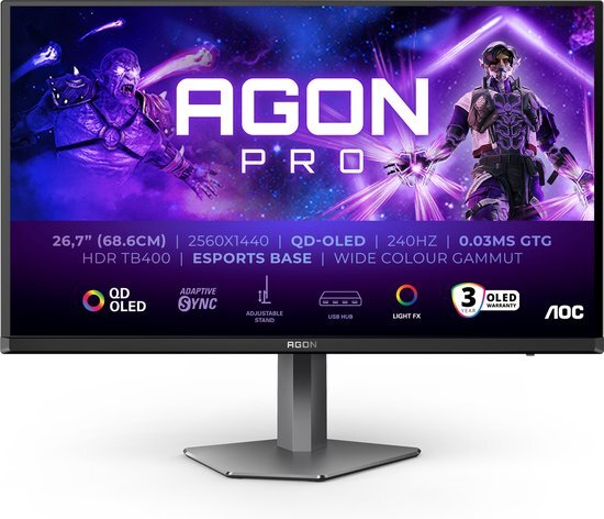 AOC AGON PRO AG276QZD2 computer monitor 67,8 cm (26.7") 2560 x 1440 Pixels Quad HD QDOLED Grijs