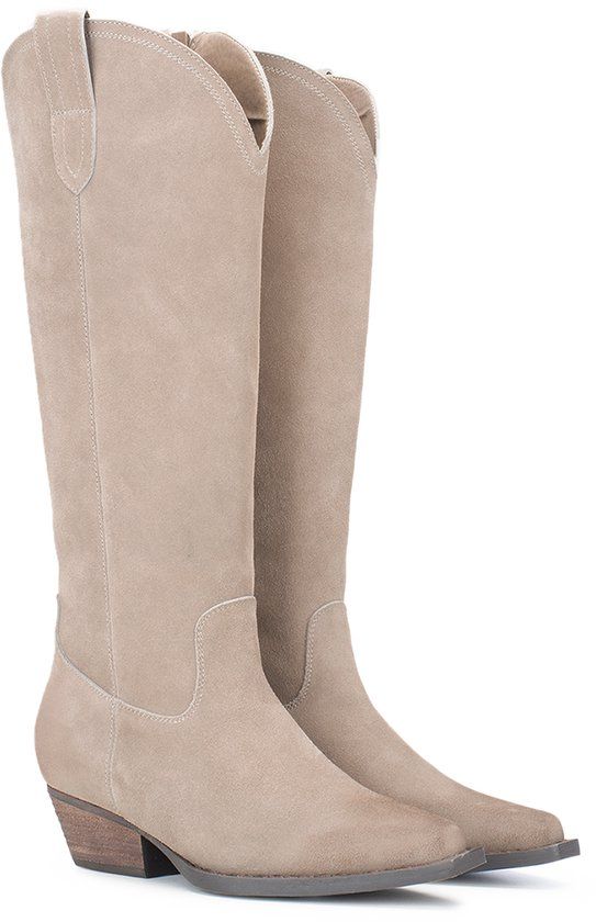 PS Poelman Vrouwen Bruine Nubuck Cowboylaarzen met Blokhak en Ritssluiting