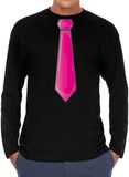 Bellatio Decorations Verkleed shirt voor heren - stropdas roze - zwart - carnaval - foute party L
