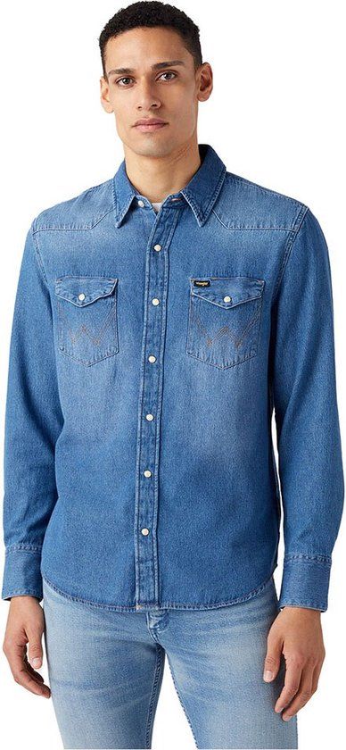 Wrangler 27MW Heren Top - ICON MID STONE - Maat L - Mannen - Blauw - Lange mouw - Katoen - Casual - Herfst/Winter 2023