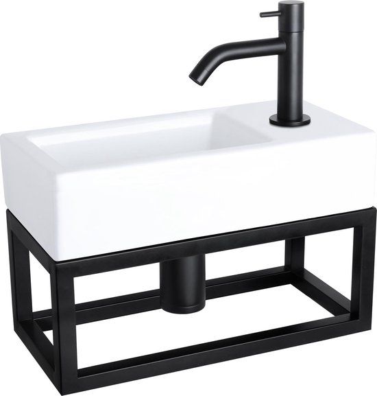 Differnz Ravo Fonteinset - 38.5x18.5cm - Wit - Mat Zwart - Gebogen Kraan - Handdoekrek